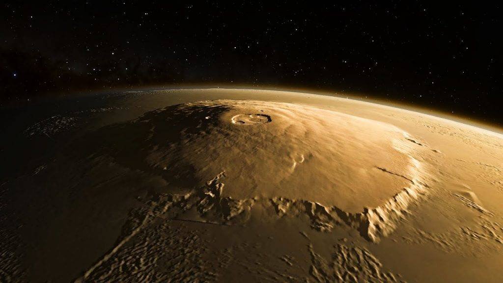 Olympus Mons is about two and a half times Mount Everest's height above sea level. It is the largest and highest mountain and volcano of the Solar System.